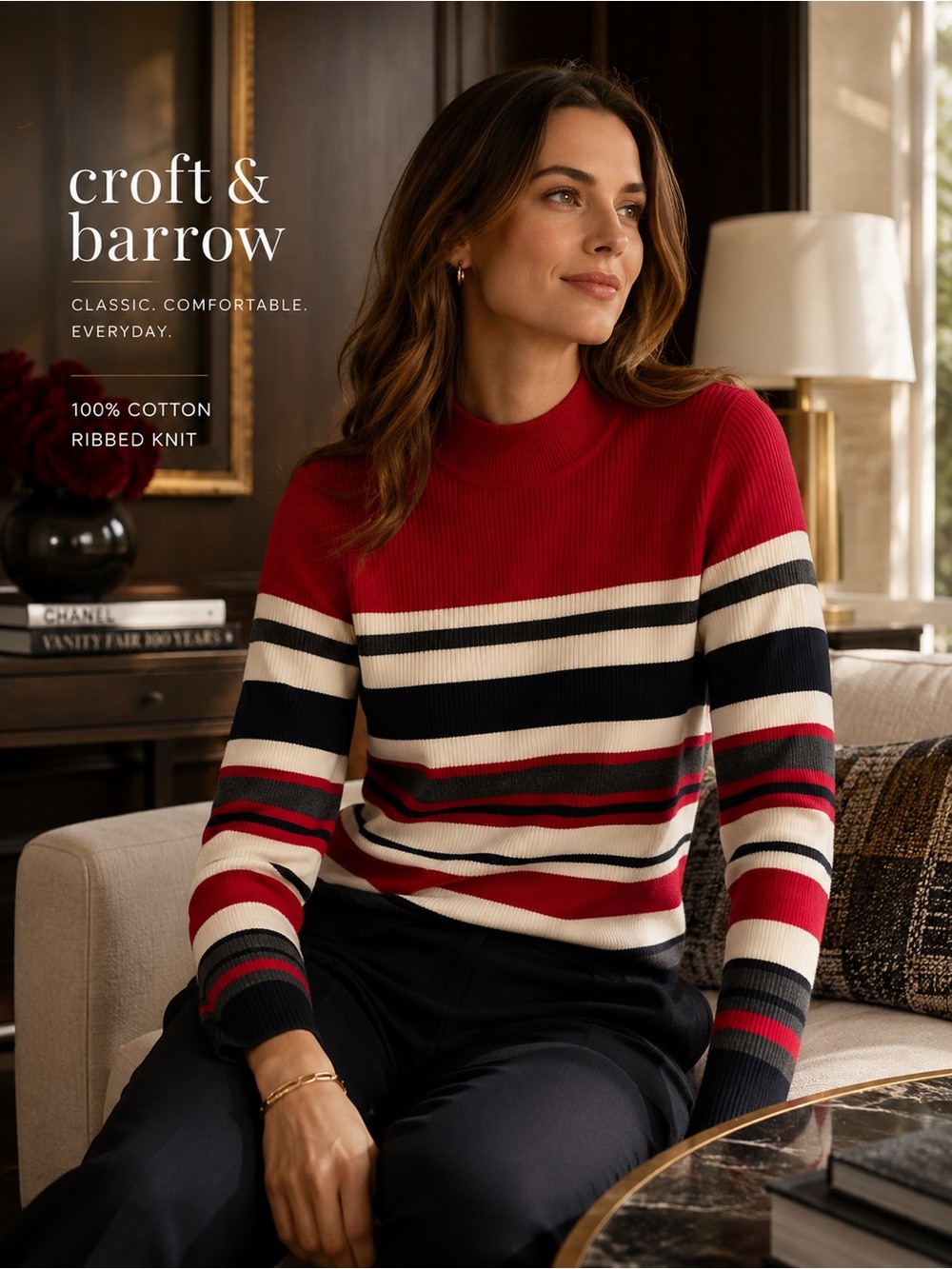 Croft & Barrow Striped Ribbed Mock Neck Sweater Women’s Large NWT Red Black